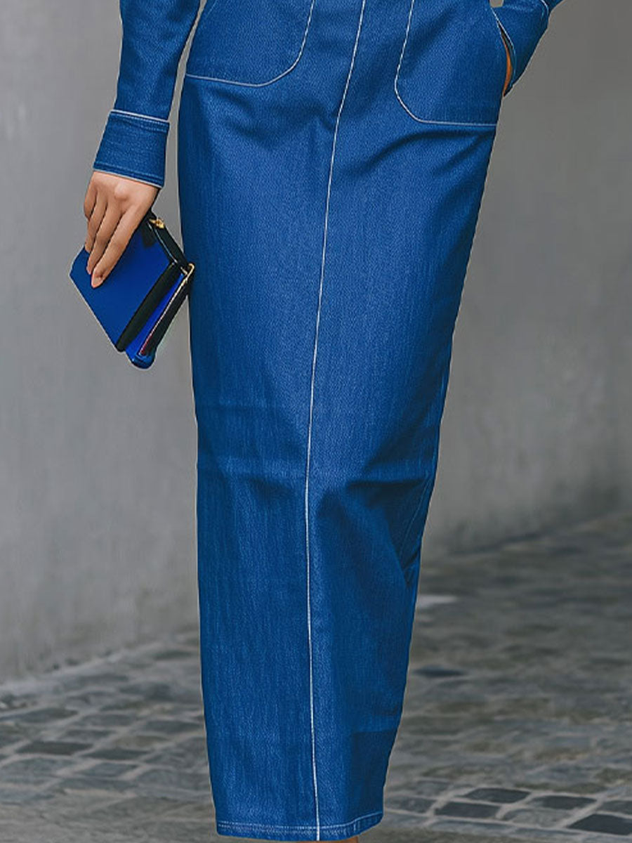 Off-the-Shoulder Denim Crop Top & Midi Skirt Set