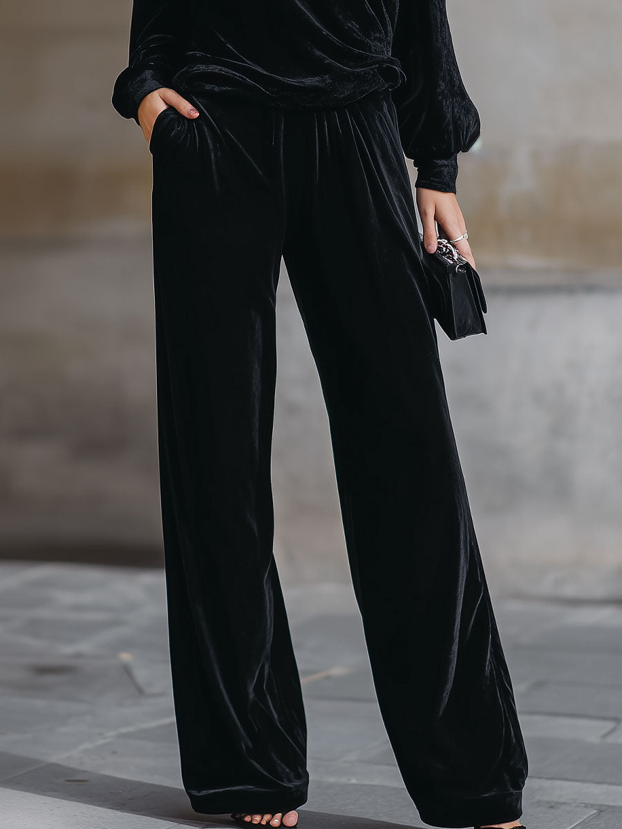 Off-Shoulder Black Velvet Lounge Set With Lace Detail