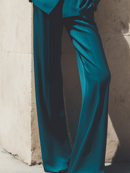 Teal Tailored Double-Breasted Blazer & Wide-Leg Trouser Suit Set