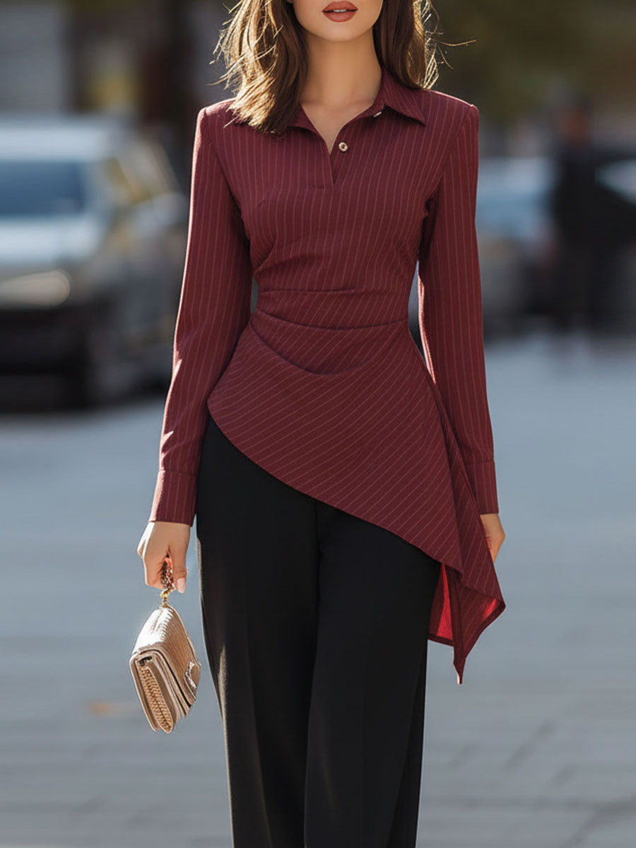 Burgundy Striped Blouse With Asymmetrical Hem & Black Trousers Set