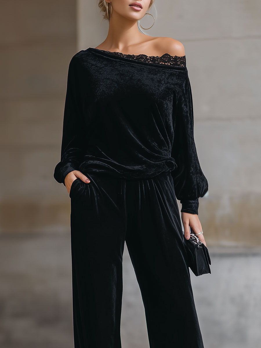 Off-Shoulder Black Velvet Lounge Set With Lace Detail