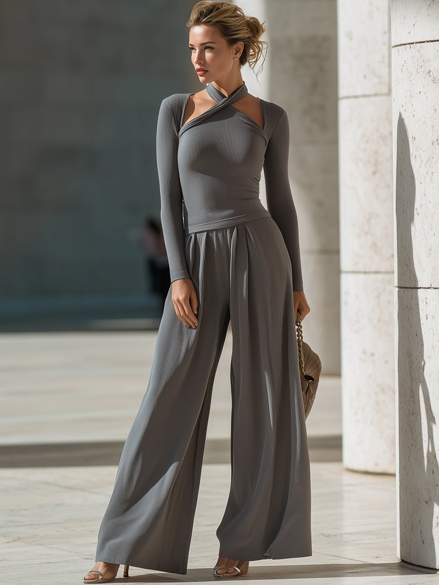 Grey Asymmetric Strap Long-Sleeve Wide-Leg Set
